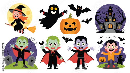 Halloween characters and haunted house witch ghost