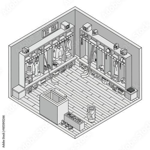 Isometric drawing of a well-organized and spacious locker room, complete with storage, benches, and equipment.