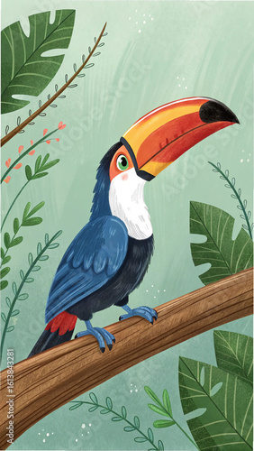 Colorful toucan perched on branch surrounded by foliage
