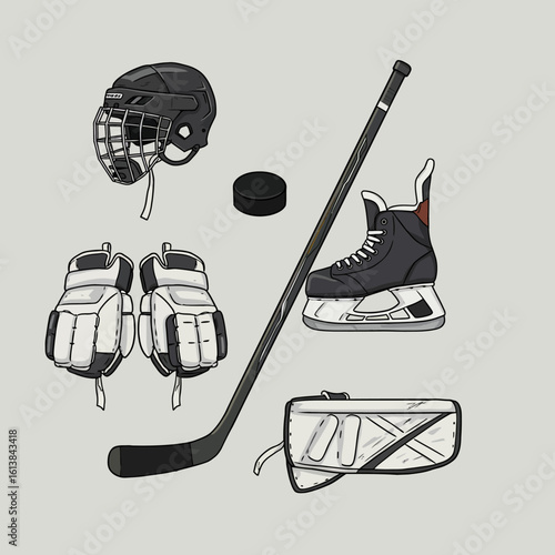 Illustration of hockey equipment including a helmet, puck, gloves, stick, skate, and shin guard arranged on a gray background.