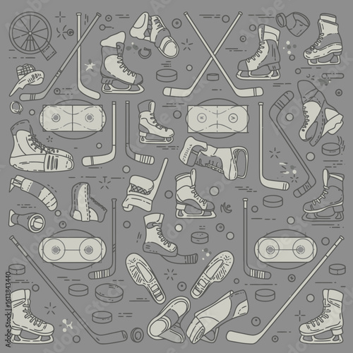 Ice hockey equipment and accessories in a repeating pattern design.