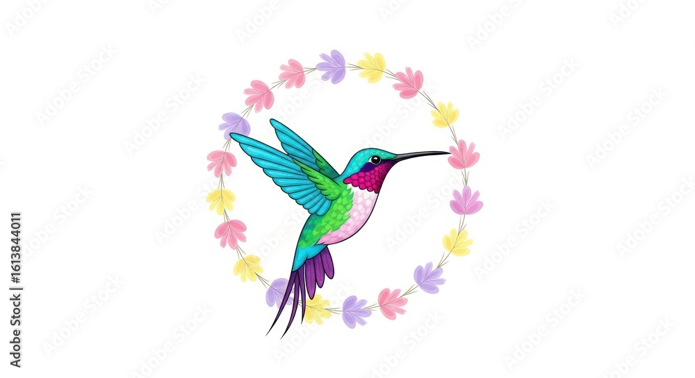 Obraz premium Vibrant Illustration of a Colorful Hummingbird Flying Through a Delicate Floral Wreath, Perfect for Springtime Designs and Nature-Themed Projects