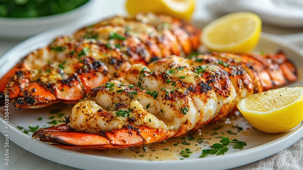 Perfectly cooked lobster tails, seasoned and grilled to perfection, glistening with butter and herbs, served with lemon wedges Perfectly cooked lobster tails, seasoned and grilled to perfection, glistening with butter and herbs, served with lemon wedges