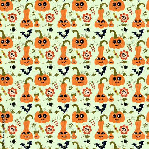 Seamless Halloween Pattern with smiling Kawaii Pumpkins, mushrooms, weird flowers, spooky candies, on light green background. For kids textiles, holiday decor, packaging.