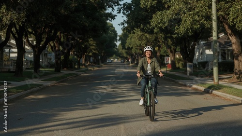 Wallpaper Mural Smiling woman riding her electric bicycle down a tree-lined suburban street on a sunny day Torontodigital.ca