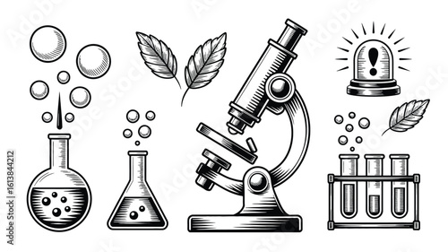 Scientific laboratory equipment and botanical elements science microscope