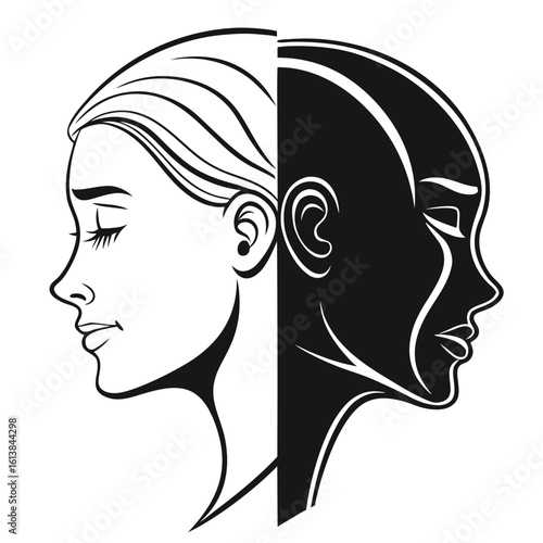 Monochrome dual-faced abstract vector of a woman's profile, split between a serene light side and a dark shadow, symbolizing psychological duality.