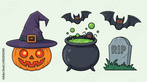 Halloween elements pumpkin witch hat cauldron spider bats tombstone vector