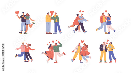 Diverse Romantic Couples Embracing and Sharing Love, Celebrating Valentine's Day and Relationships in Various Poses and Attire for Vector Illustrations.