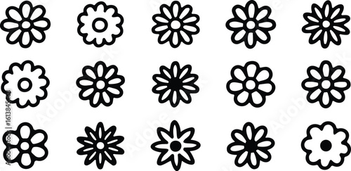 Floral icon set featuring minimal black flower symbols in outline and solid fill styles, isolated on white background