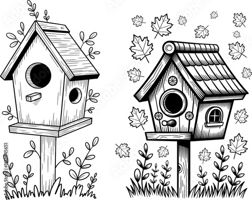 Black and white line art illustration of two birdhouses with decorative foliage, maple leaves, and clean sketch-style details on a pure white background