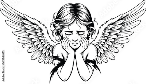 Crying Angel with Large Wings Illustration sorrow grief