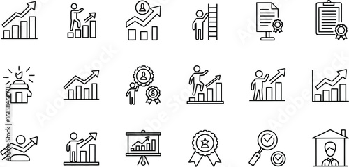 Collection of business growth and achievement icons in outline style