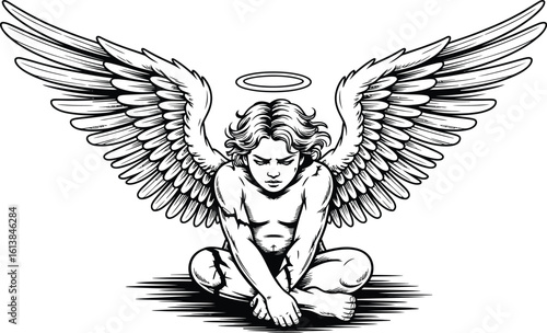 Sad angel with large wings and halo sitting down winged