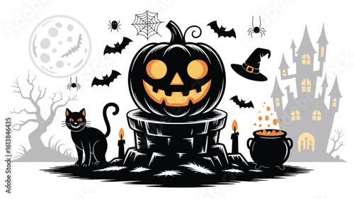 Spooky Halloween scene with jack o lantern black cat and haunted castle vector