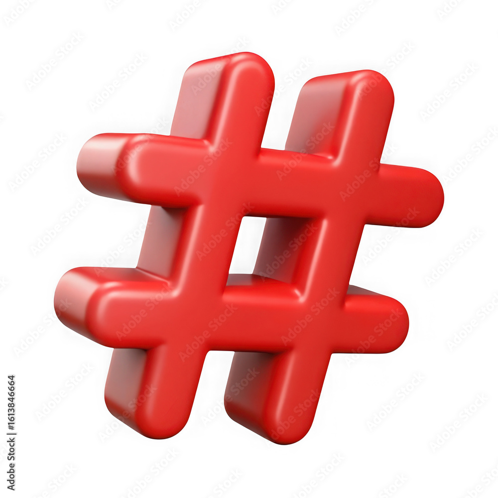 Fototapeta premium Bright red 3d hashtag symbol isolated on transparent background