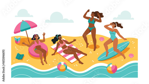 Diverse Women Enjoying Summer Beach Activities: Relaxation, Sunbathing, Surfing, and Fun in the Sun with Sea, Sand, and Beach Accessories