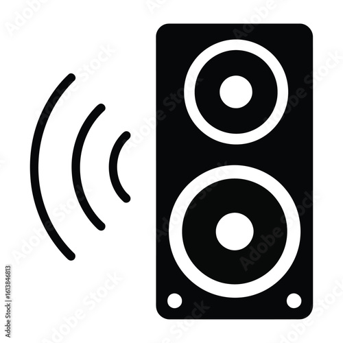 Loud music speaker system with audio wave icon.