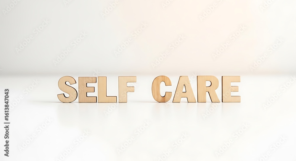 Self Care Wooden Letters on White Background Self Care Wooden Letters on White Background