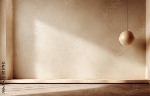 Minimalist beige room with sunlight