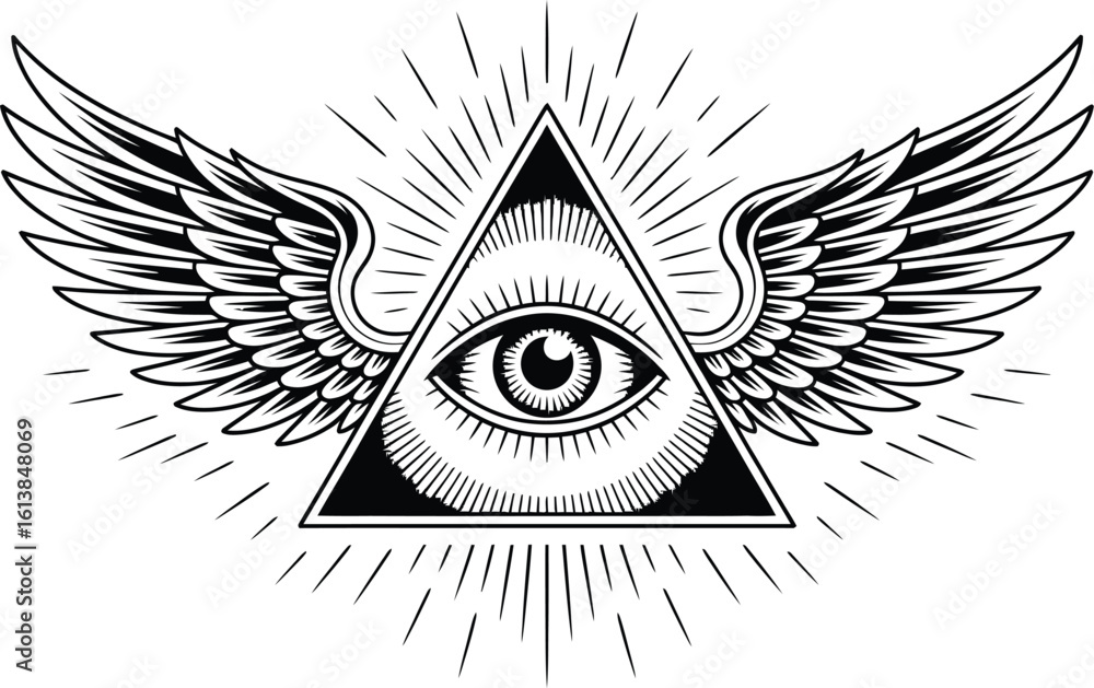 Obraz premium All seeing eye pyramid with wings and rays illustration
