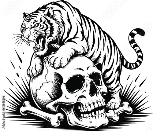 Tiger perched on a skull with bones animal predator