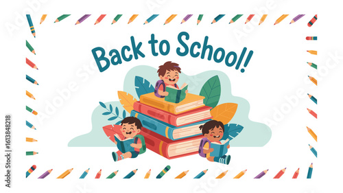 Cheerful Back to School Illustration with Kids Reading Books and Colorful Pencil Border for Educational and School-Related Design Projects.