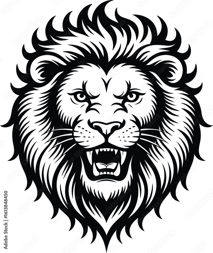 Fototapeta premium Fierce lion head with open mouth and mane face animal
