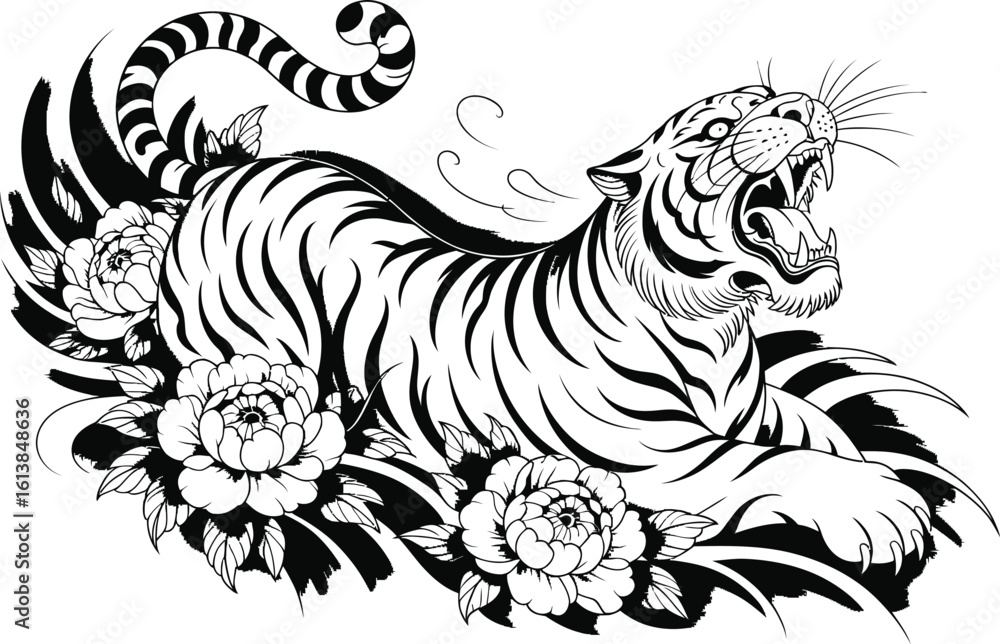 Fototapeta premium Roaring Tiger with Peonies Illustration animal big cat