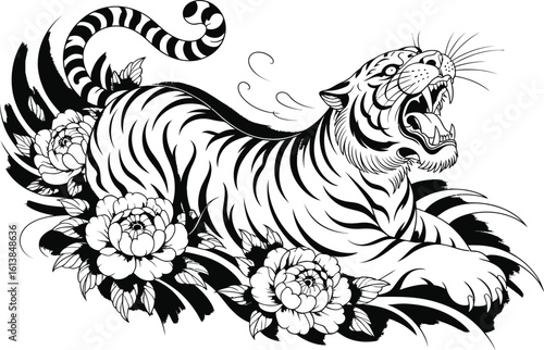 Roaring Tiger with Peonies Illustration animal big cat