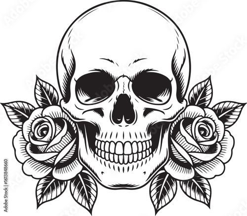 Detailed Skull and Roses Vector Illustration for Tattoo Art and Dark Themes