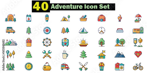 Colorful flat adventure icons with camping travel and outdoor elements vector