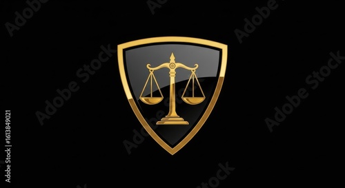 3D Render of a Golden Scales of Justice Emblem in a Shield, Symbolizing Law, Legal Services