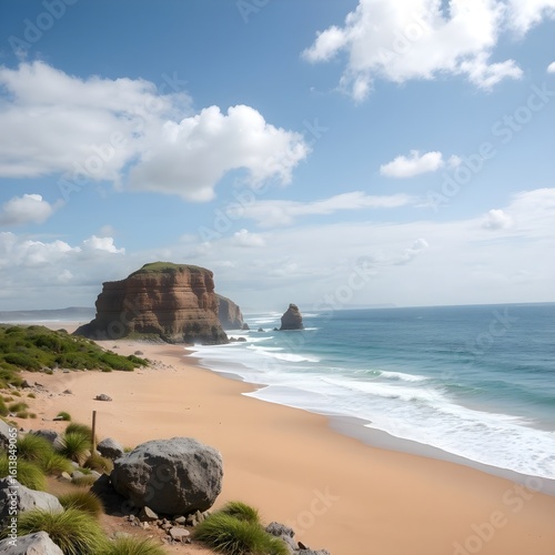 It features a tranquil coastal landscape featuring sandy beaches.