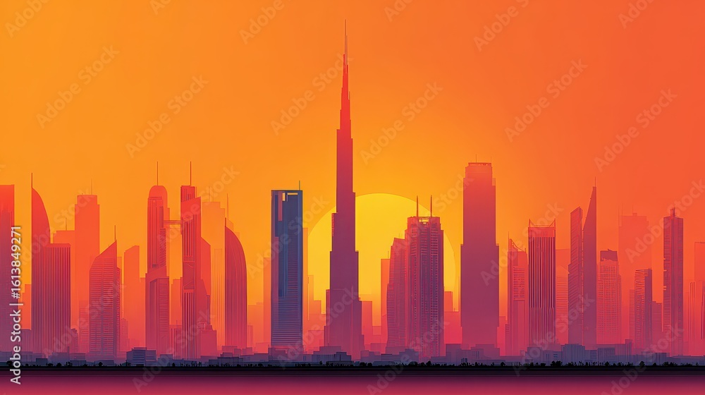 Obraz premium City skyline silhouette with tall buildings and a vibrant orange sunset backdrop