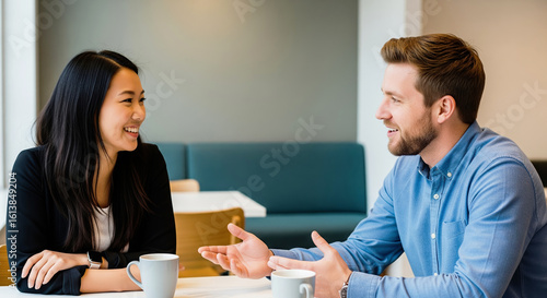 A male colleague enthusiastically explains a concept to a smiling Asian woman during an informal business meeting.