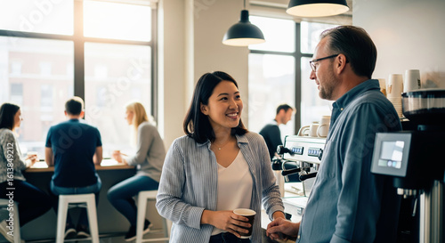 Two diverse colleagues having a friendly conversation during a coffee break in a bustling office canteen.