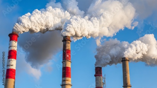 Industrial smokestacks releasing thick white smoke into a clear blue sky, showcasing environmental impact and industrial activity in a modern urban landscape