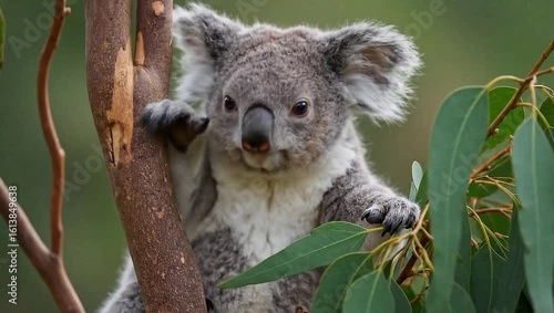 Close-up of a koala gripping a tree and reaching for eucalyptus leaves with a soft green background