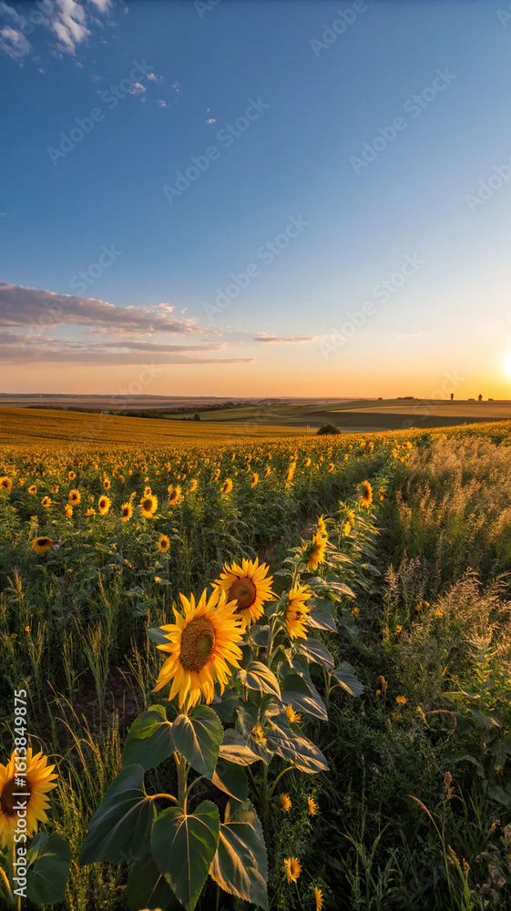 Fototapeta premium Golden sunflowers bathed in warm sunset light field
