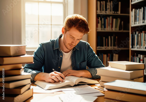A focused male student writing in a book while studying at a desk surrounded by books in a sunlit library.