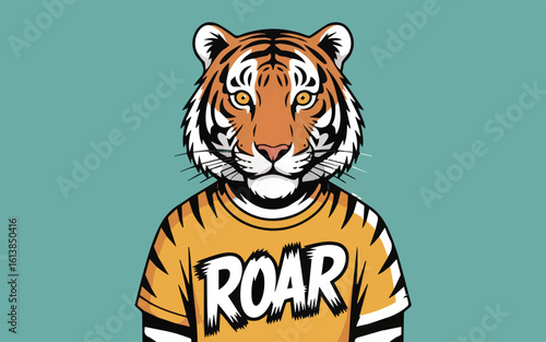 A graphic tiger with a t-shirt mockup vector illustration on white background.