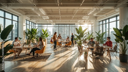Sunlit Modern Office Space with Lush Greenery and Collaborative Teams