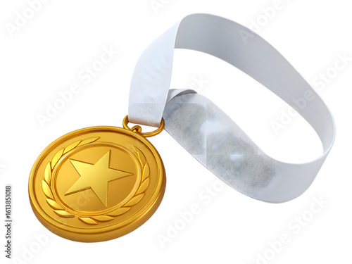 Golden Medal with White Ribbon, High-Resolution Stock Photo