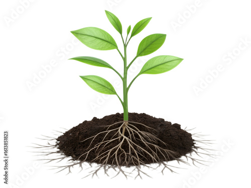 Healthy seedling with visible roots growing from rich soil.