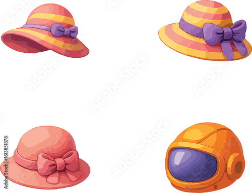 Collection of charming sun hats and futuristic astronaut helmet isolated on white offering a diverse range of headwear styles and applications