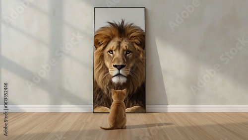 A small orange kitten sat on a wooden floor, looking into a mirror. The reflection of the kitten was a majestic, graceful male lion with a thick, golden mane.