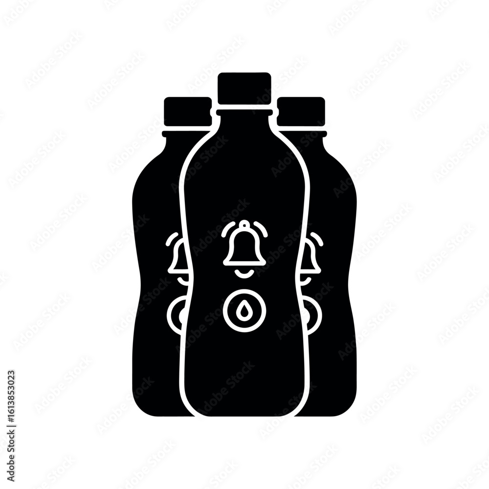 Three black bottles with white outline icons of bell and water drop drink liquid Three black bottles with white outline icons of bell and water drop drink liquid