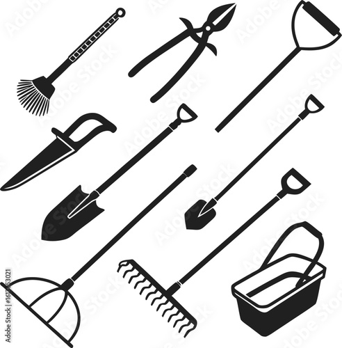 Collection of garden tools and gardening equipment in black and white