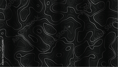 Abstract dark topographic contour lines on black background – seamless elevation map pattern, modern minimal design for backgrounds, textures, or prints